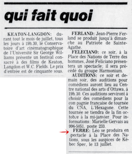 Léo Ferré - Le devoir, 1910- (Montréal), mercredi 10 juillet 1974