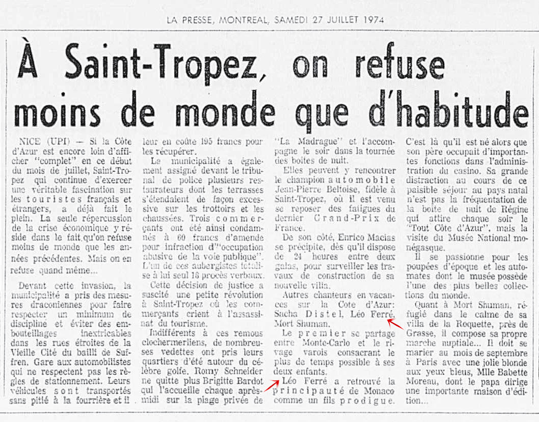 Léo Ferré - La presse, 27 juillet 1974, B. Loisirs