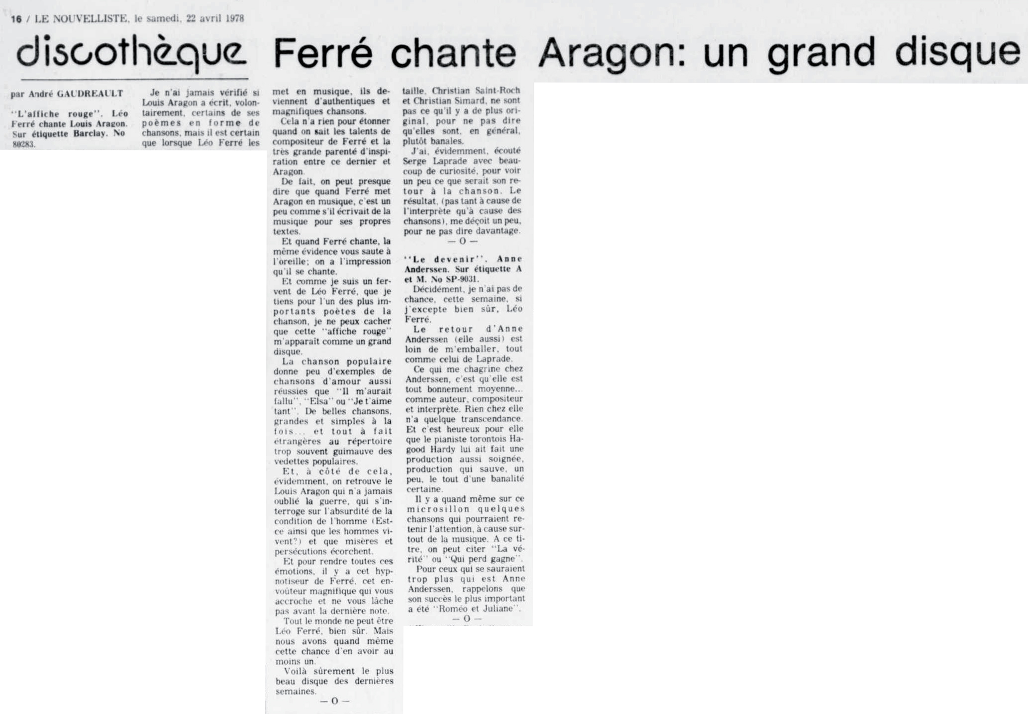 Léo Ferré - Le nouvelliste, 1920-, samedi 22 avril 1978