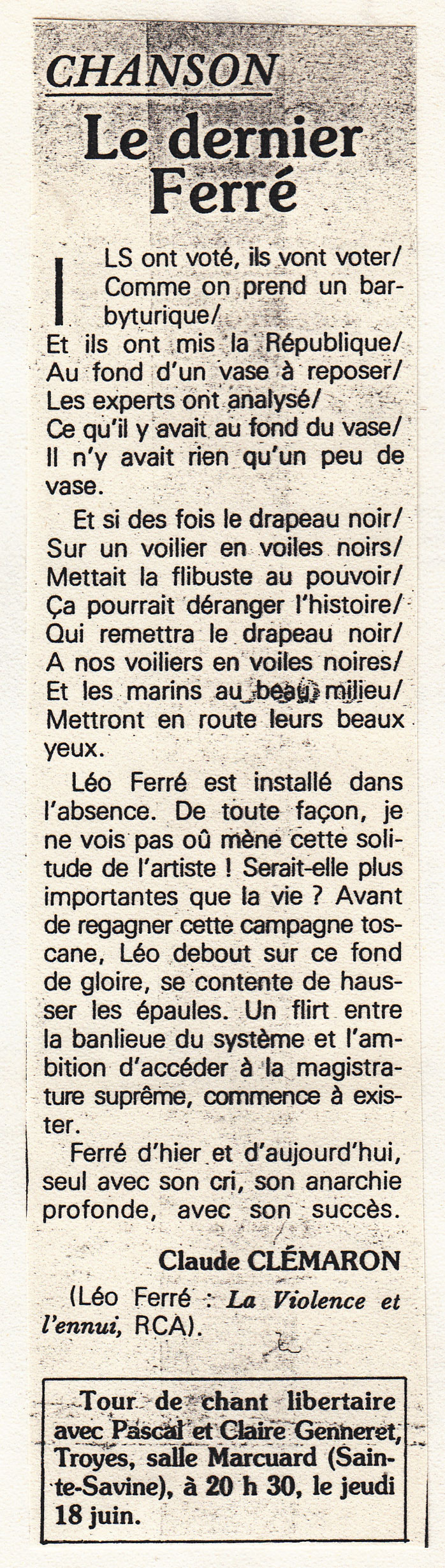 Léo Ferré - Le Monde libertaire de 11 juin 1981