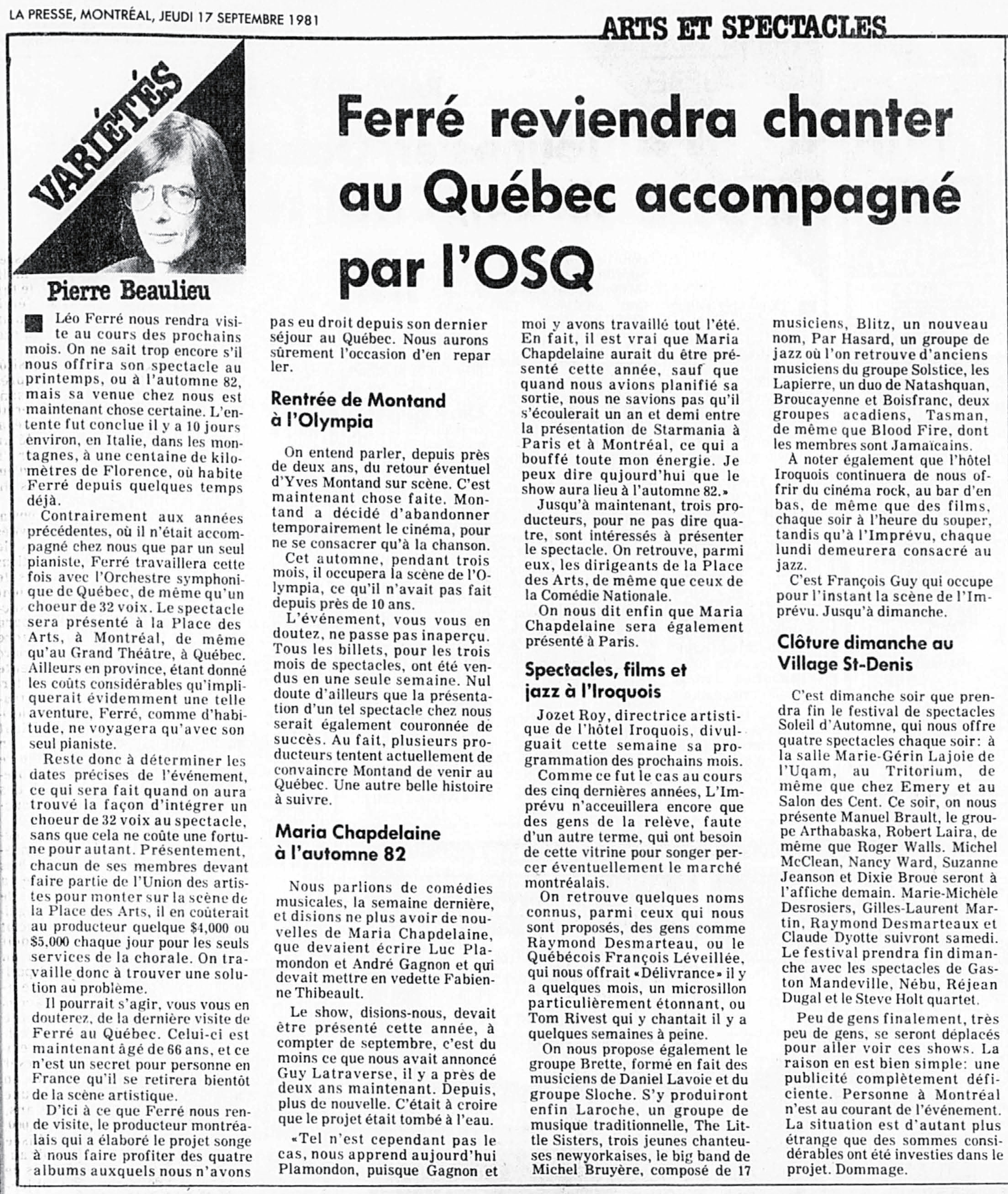 Léo Ferré - La Presse, 17 septembre 1981, Cahier A