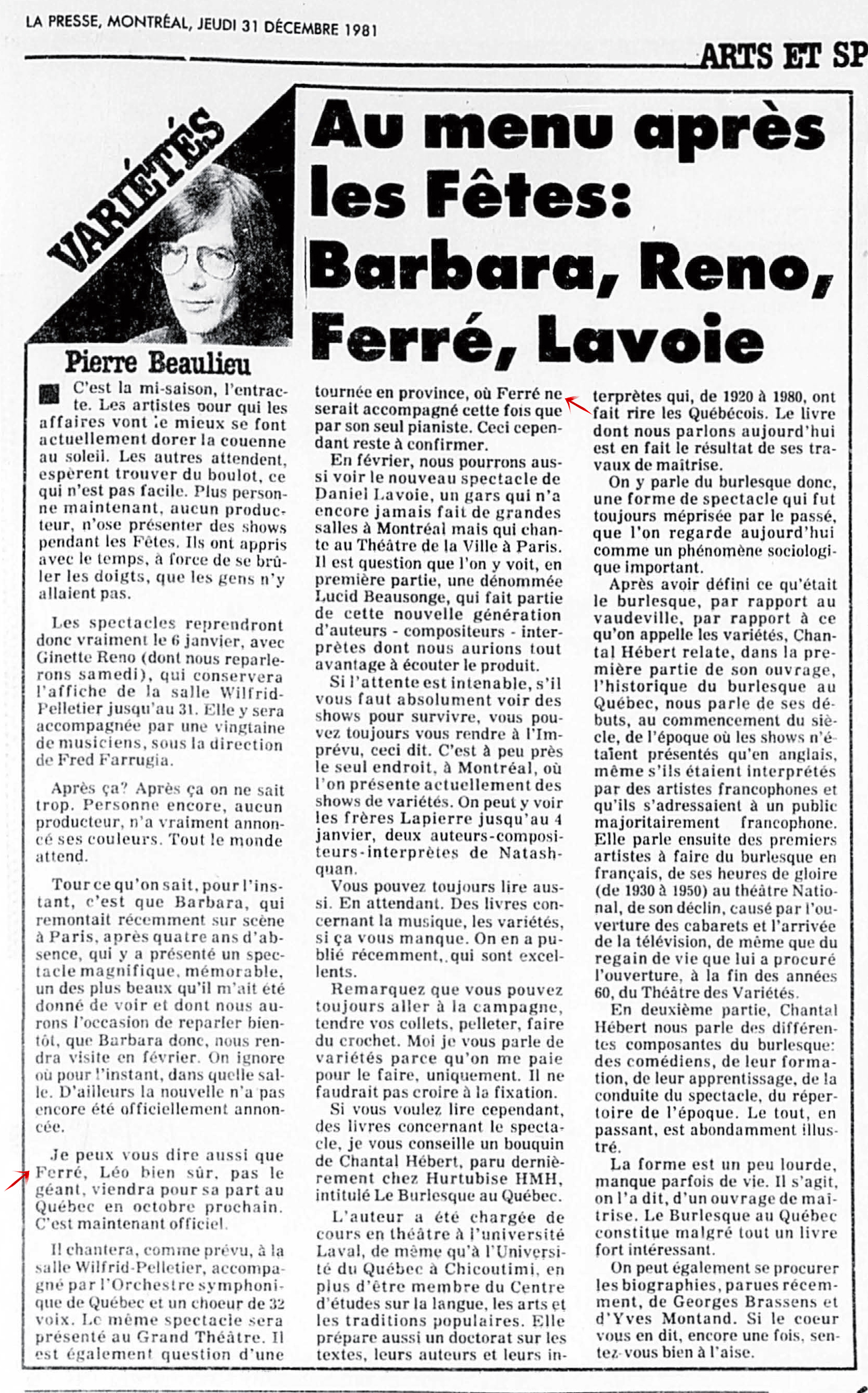 Léo Ferré - La Presse, 31 décembre 1981, Cahier A