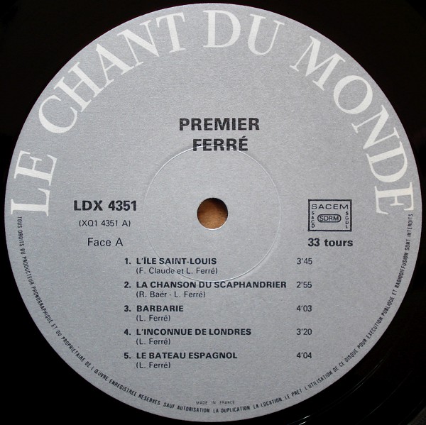 Léo Ferré - Premier Ferré, Le Chant du Monde  LDX 4351