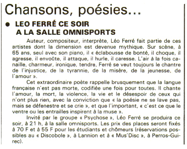 Léo Ferré - Le Télégramme de Brest du 11 et 12/06/1983