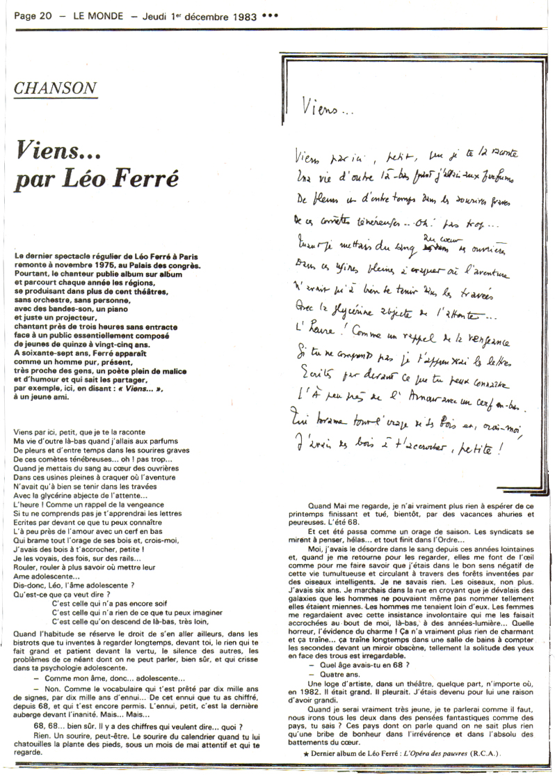 Léo Ferré - Le Monde du 01/12/1983