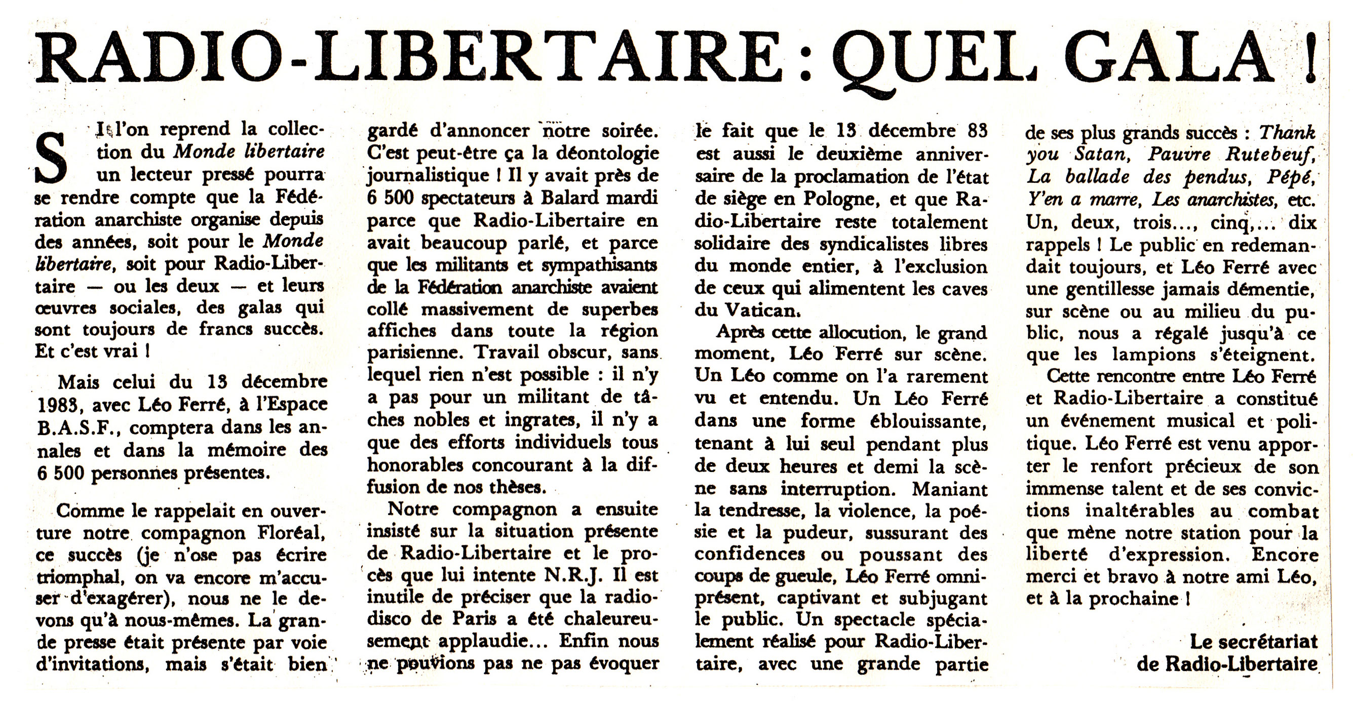 Léo Ferré - Le Monde libertaire du 22 décembre 1983