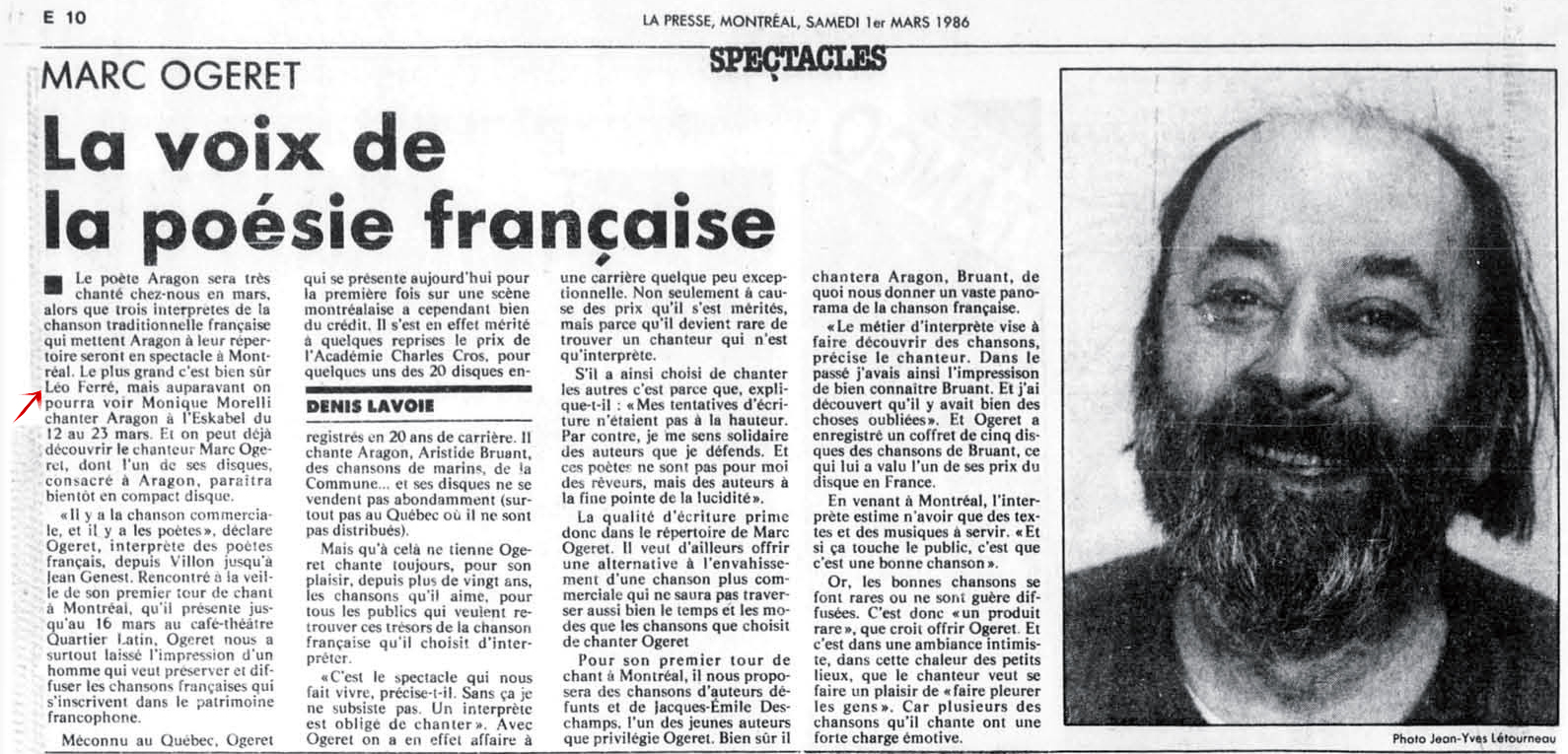 Léo Ferré - La Presse, 1 mars 1986, E. Arts et spectacles