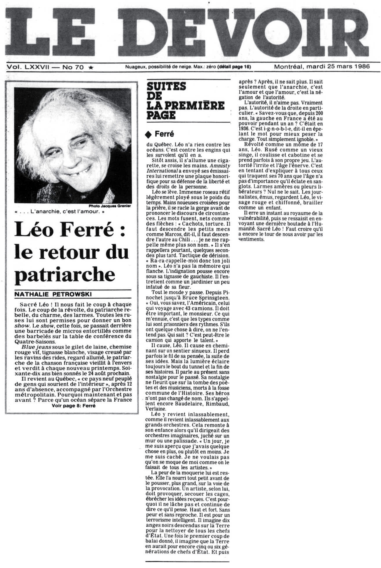 Léo Ferré - Le devoir, 1910- (Montréal), mardi 25 mars 1986 & Page(s) complémentaire(s)