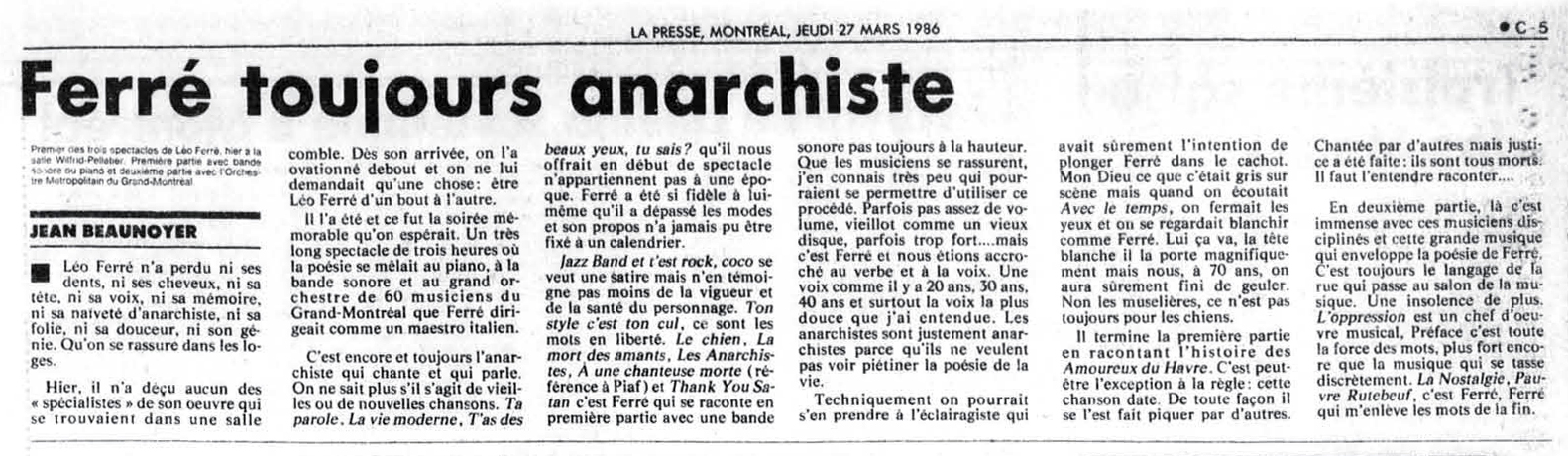 Léo Ferré - La Presse, 27 mars 1986, C. Arts et spectacles
