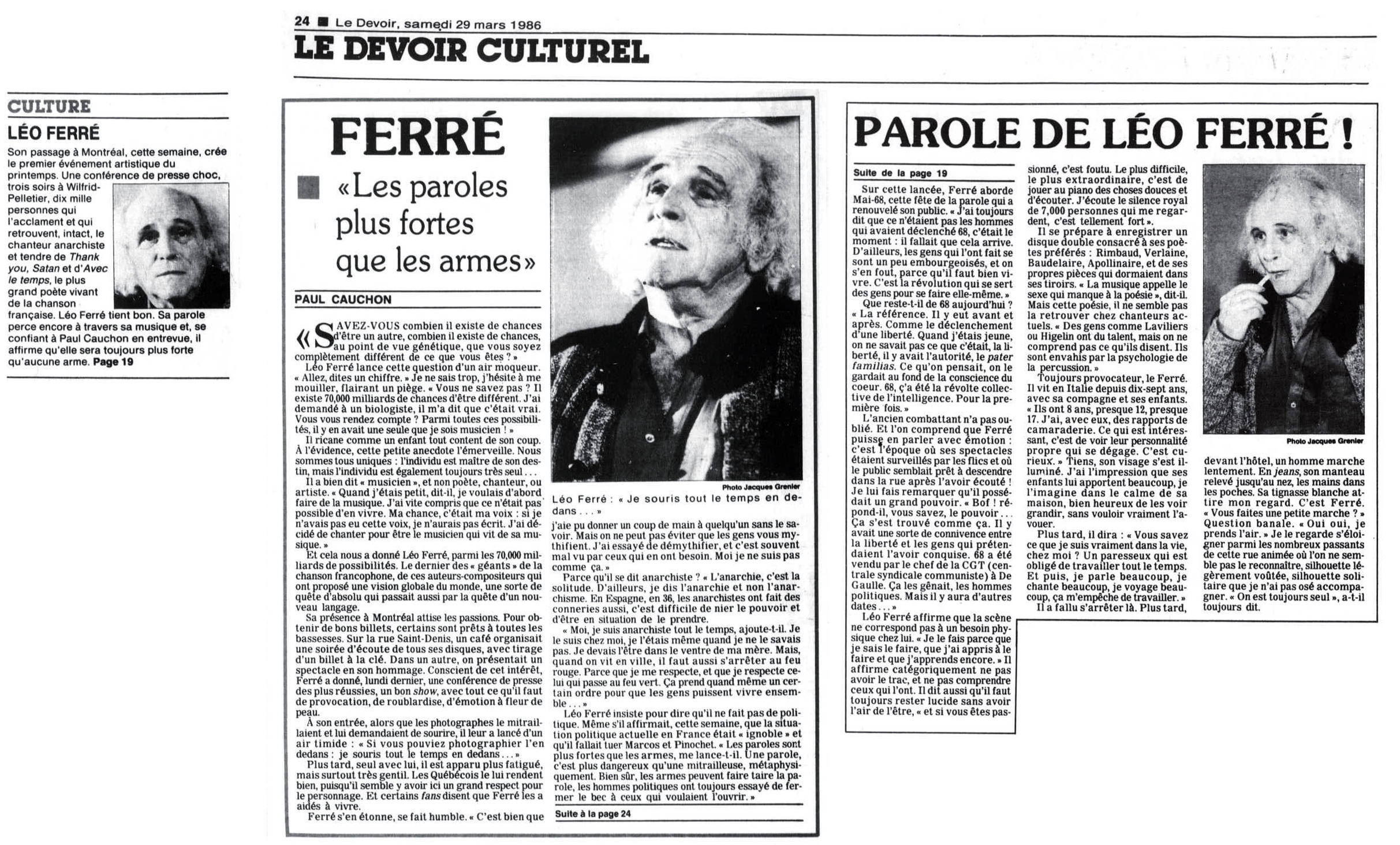 Léo Ferré - Le devoir, 1910- (Montréal), samedi 29 mars 1986