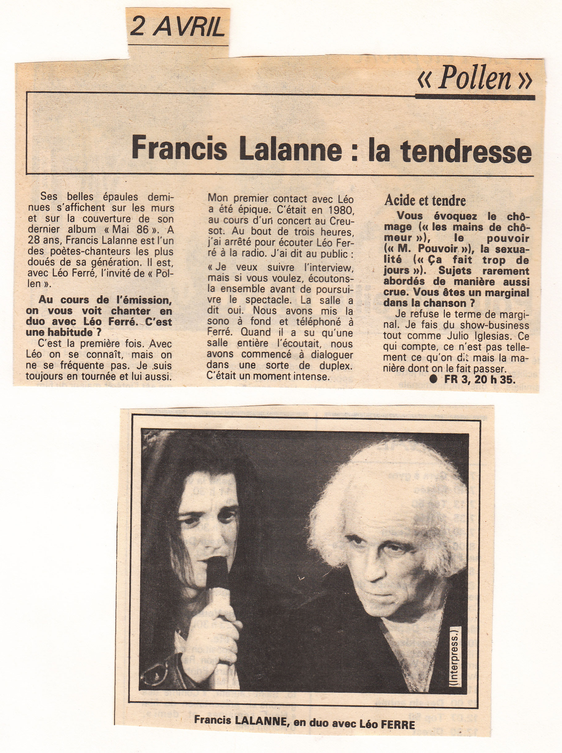Léo Ferré - La Dépêche du Midi du 30 mars 1986