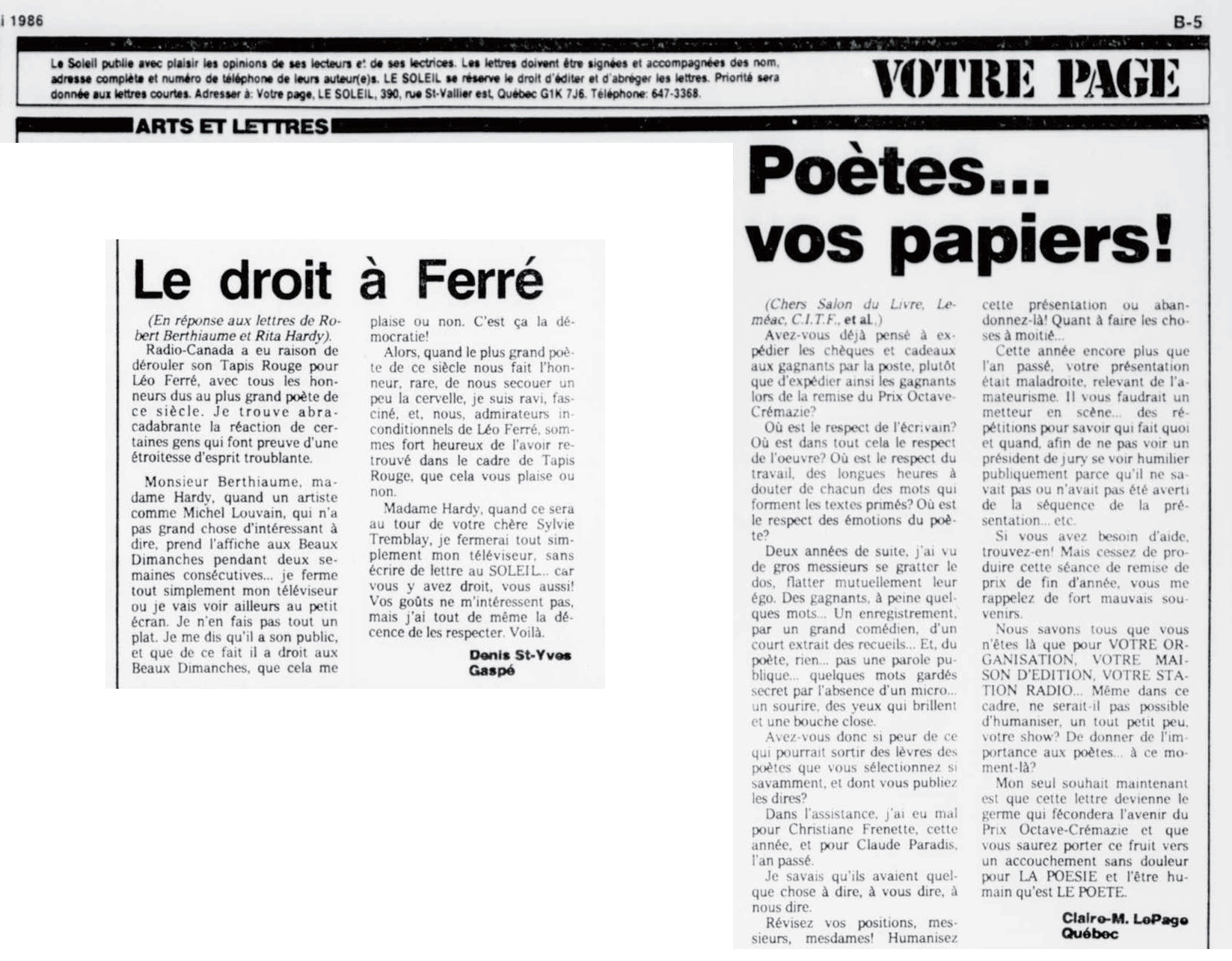 Léo Ferré - Le soleil, 1896- (Québec), 3 mai 1986, Cahier B