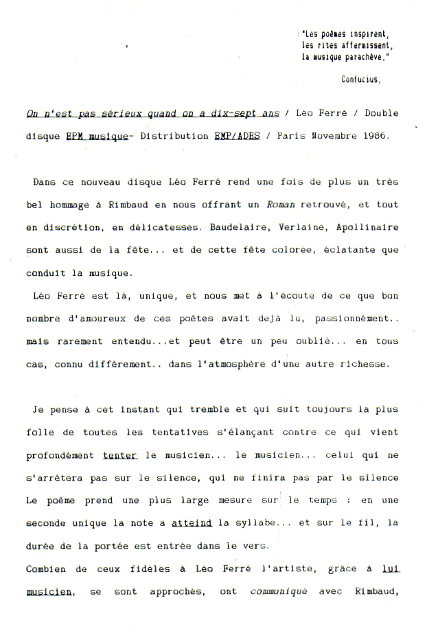 Léo Ferré - Rémi Duhart - Novembre 1986