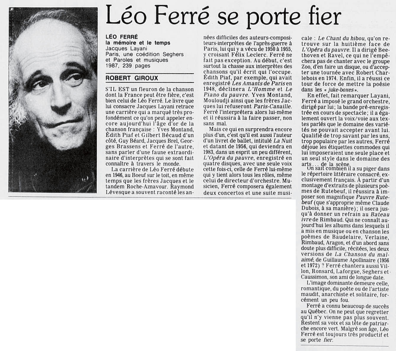 Léo Ferré - Le devoir, 1910- (Montréal), 12 mars 1988, Cahier D