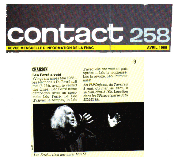 Léo Ferré - Contact N°258, mensuel d'Avril 1988