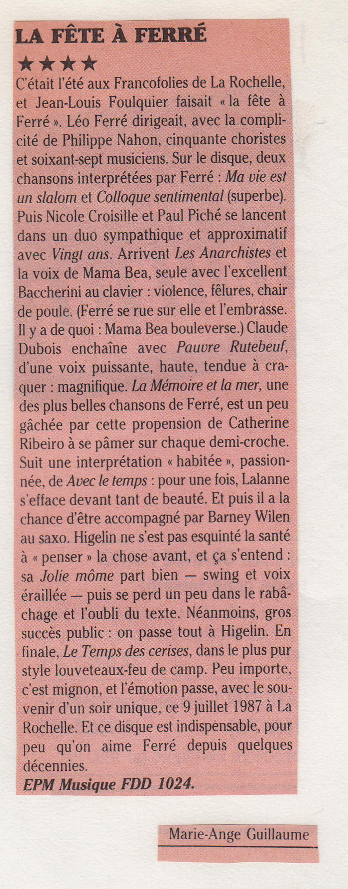 Léo Ferré - Le Monde de la Musique N°110, mensuel d'Avril 1988