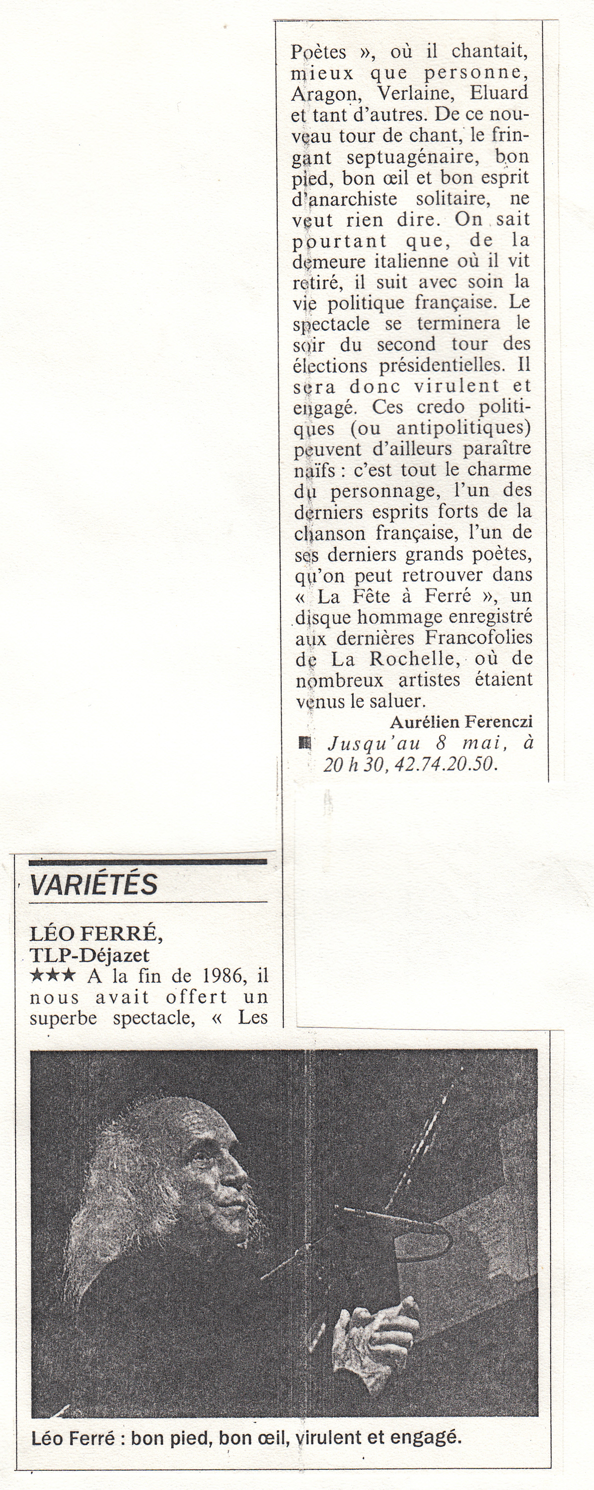 Léo Ferré - L'Express Paris du 08 au 14/04/1988