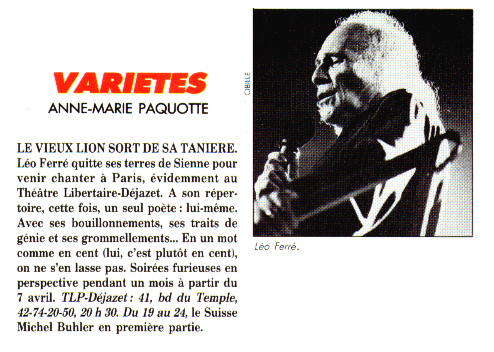Léo Ferré - Télérama N°1995 du 09 au 15/04/1988