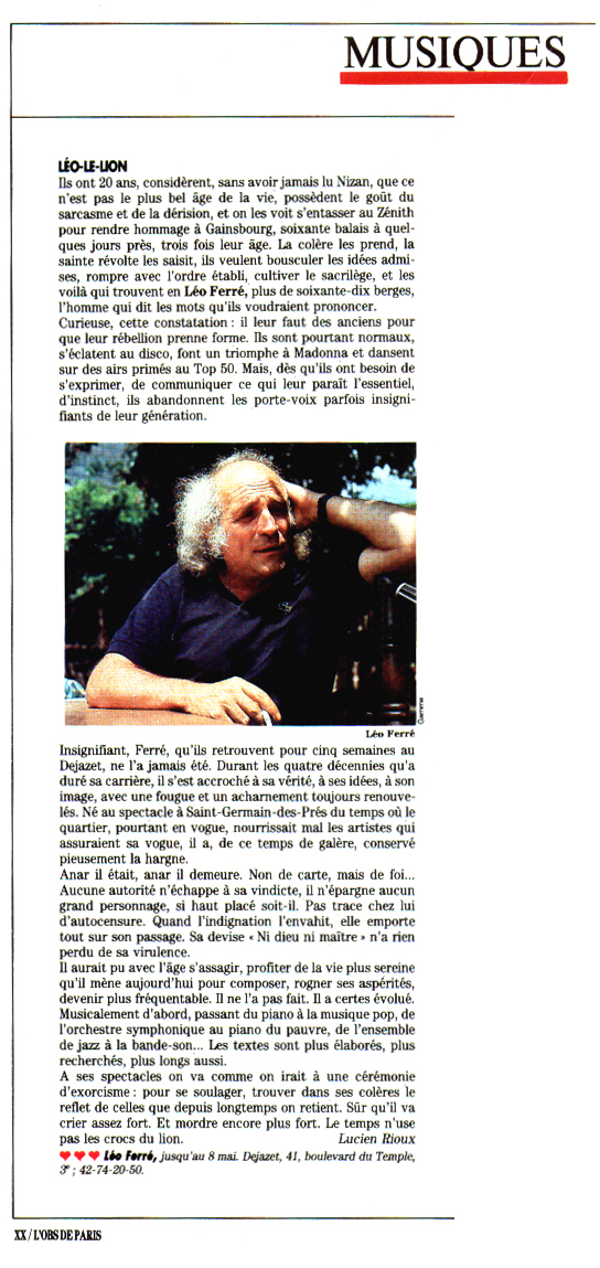Léo Ferré - Le Nouvel Observateur N°1223 du 15 au 21/04/1988