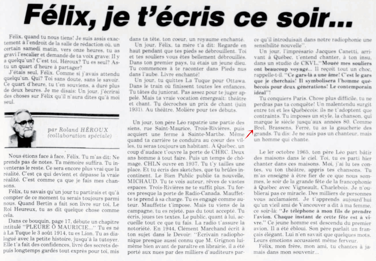 Léo Ferré - Le nouvelliste, 1920-, mardi 9 août 1988