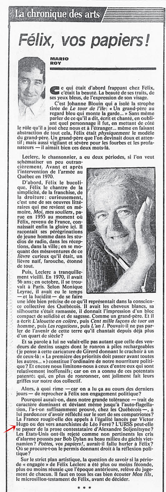 Léo Ferré - La Presse, 13 août 1988, D. Arts et spectacles