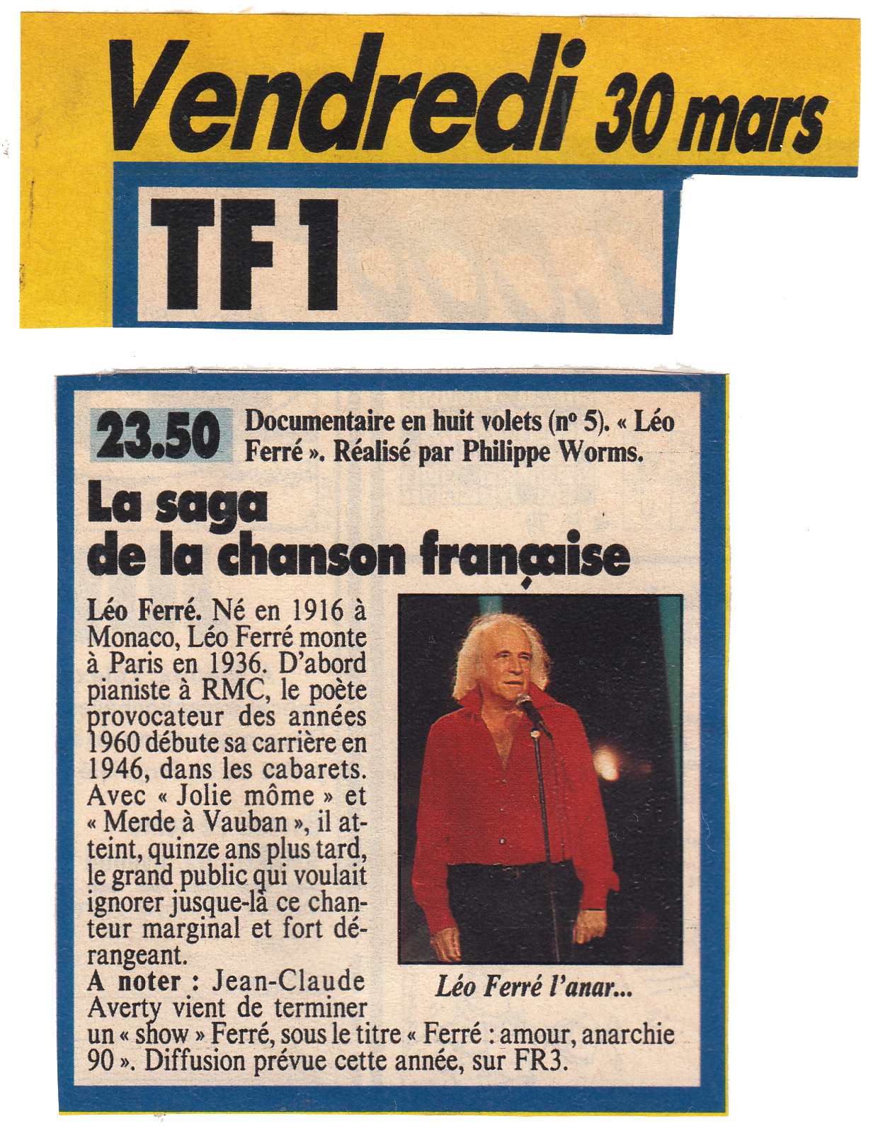 Léo Ferré - Télé Loisirs du 24 au 30/03/1990