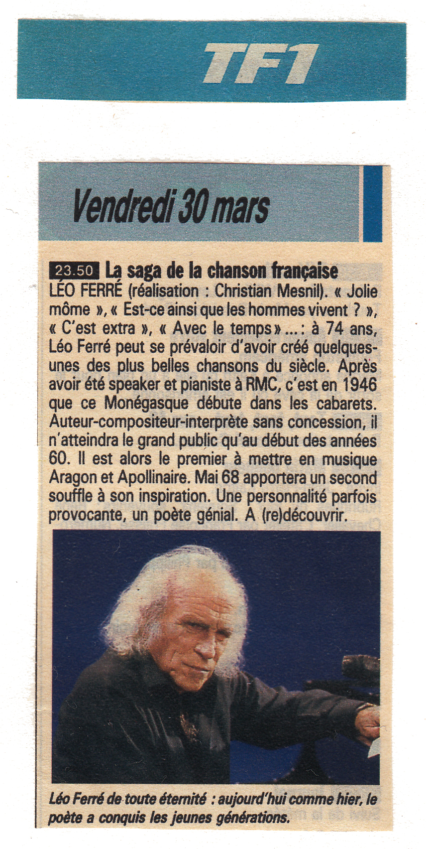 Léo Ferré - Télé-Poche du 24 au 30/03/1990
