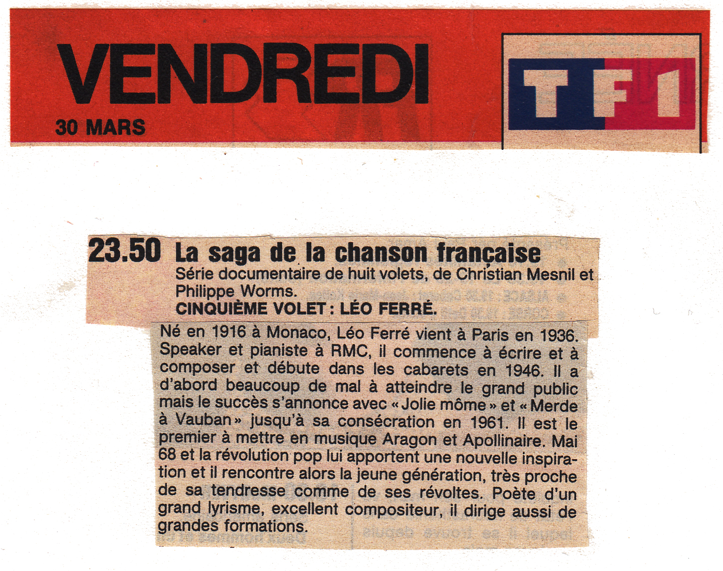 Léo Ferré - Télé-Star du 24 au 30/03/1990