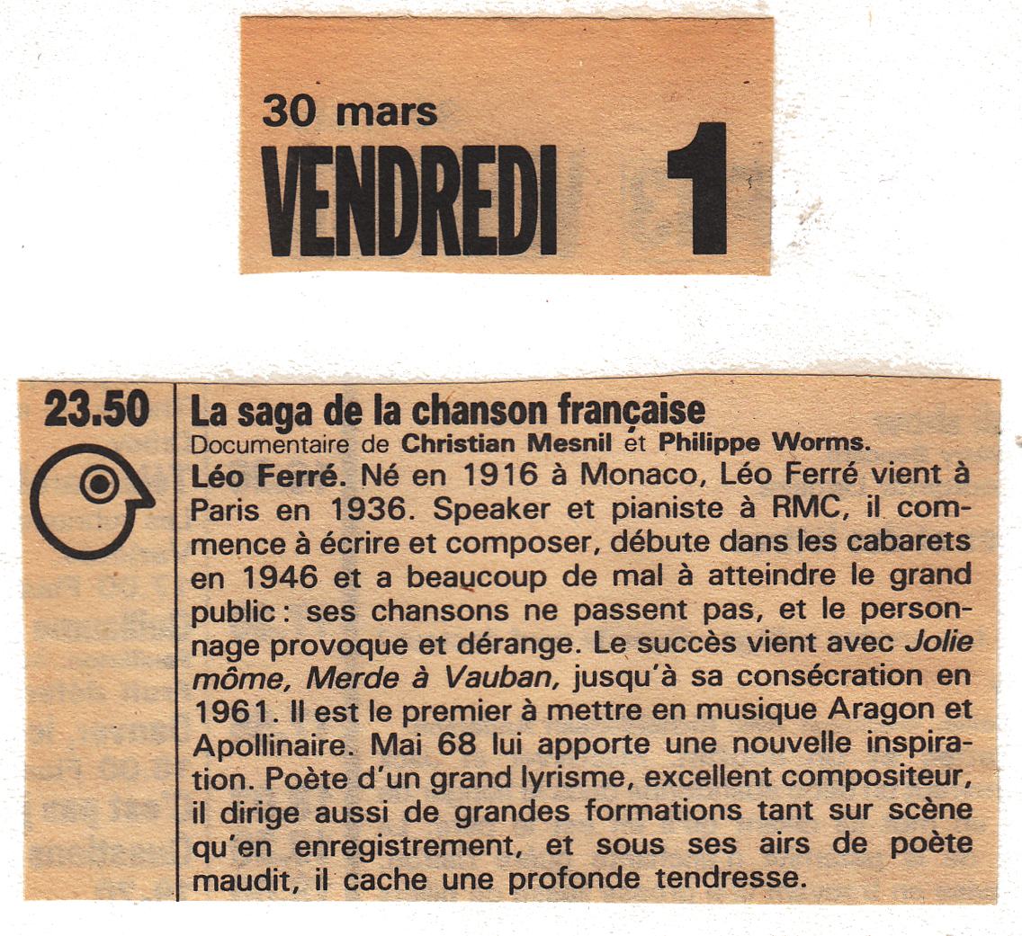 Léo Ferré - Télé Z du 24 au 30/03/1990