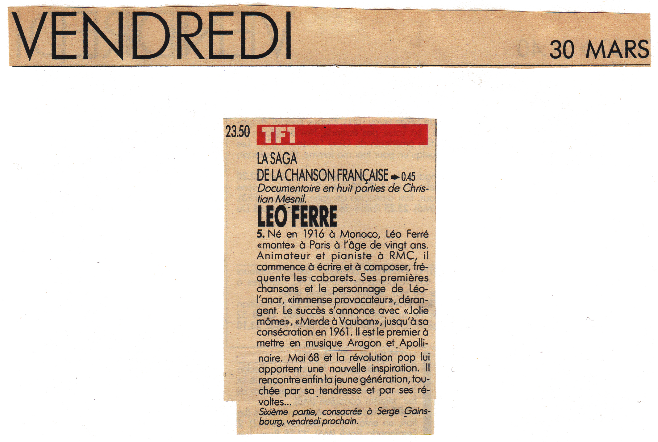 Léo Ferré - Télérama du 24 au 30/03/1990
