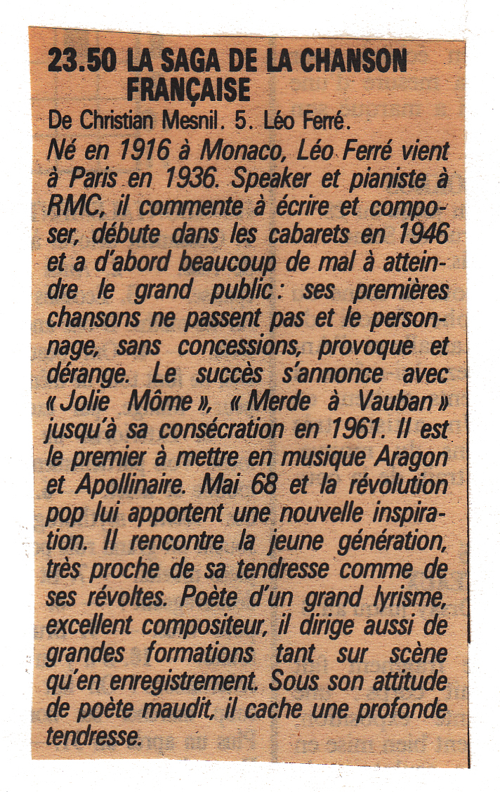 Léo Ferré - Le Quotidien de Paris du 30/03/1990