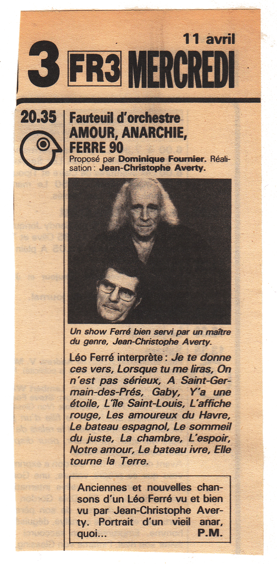 Léo Ferré - Télé Z du 07 au 13/04/1990