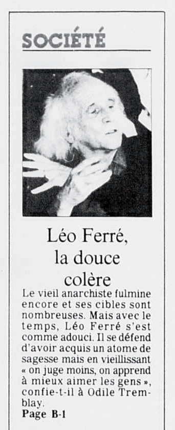 Léo Ferré - Le devoir, 1910- (Montréal), 28 septembre 1990, Cahier A