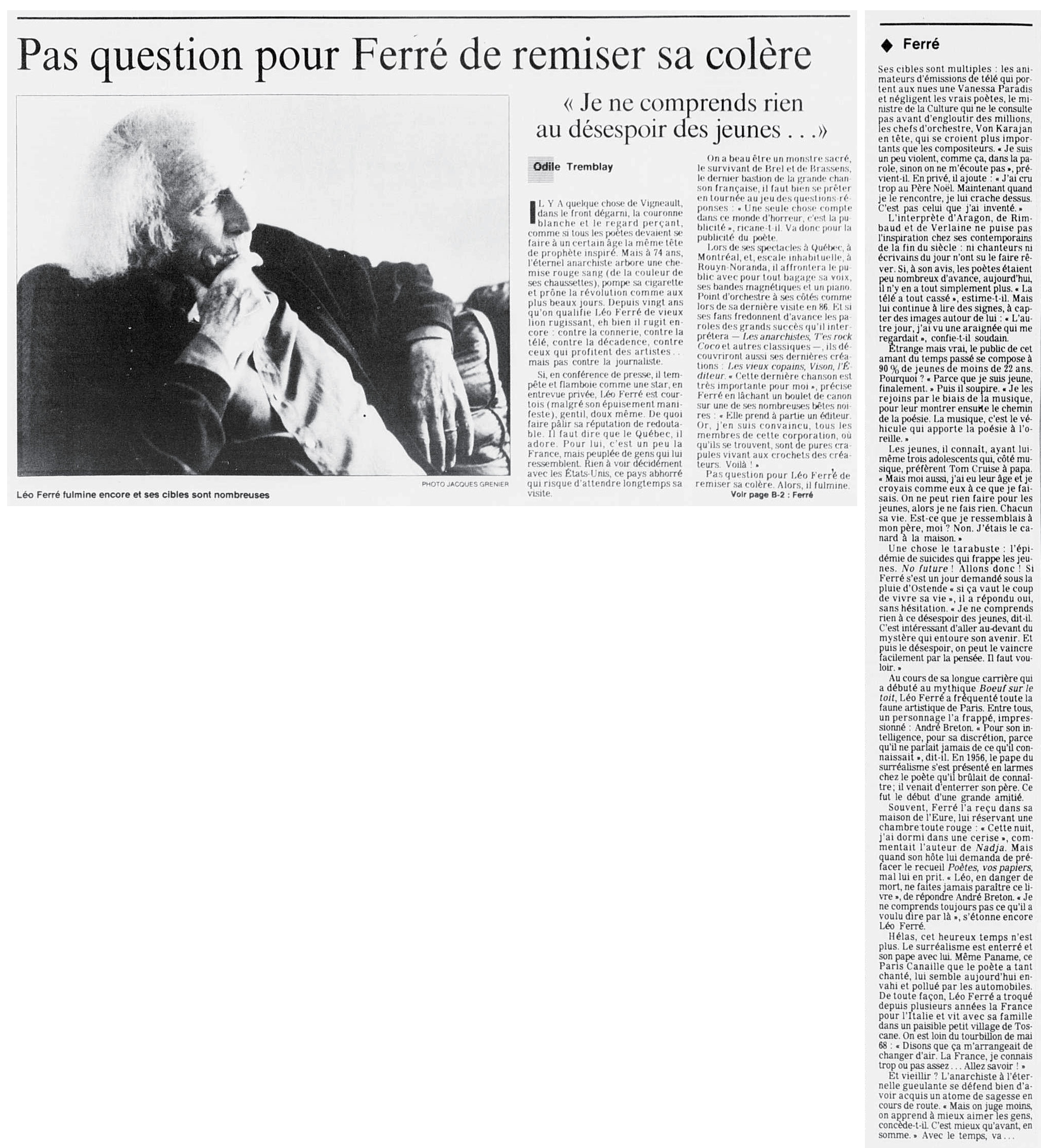 Léo Ferré - Le devoir, 1910- (Montréal), 28 septembre 1990, Cahier B