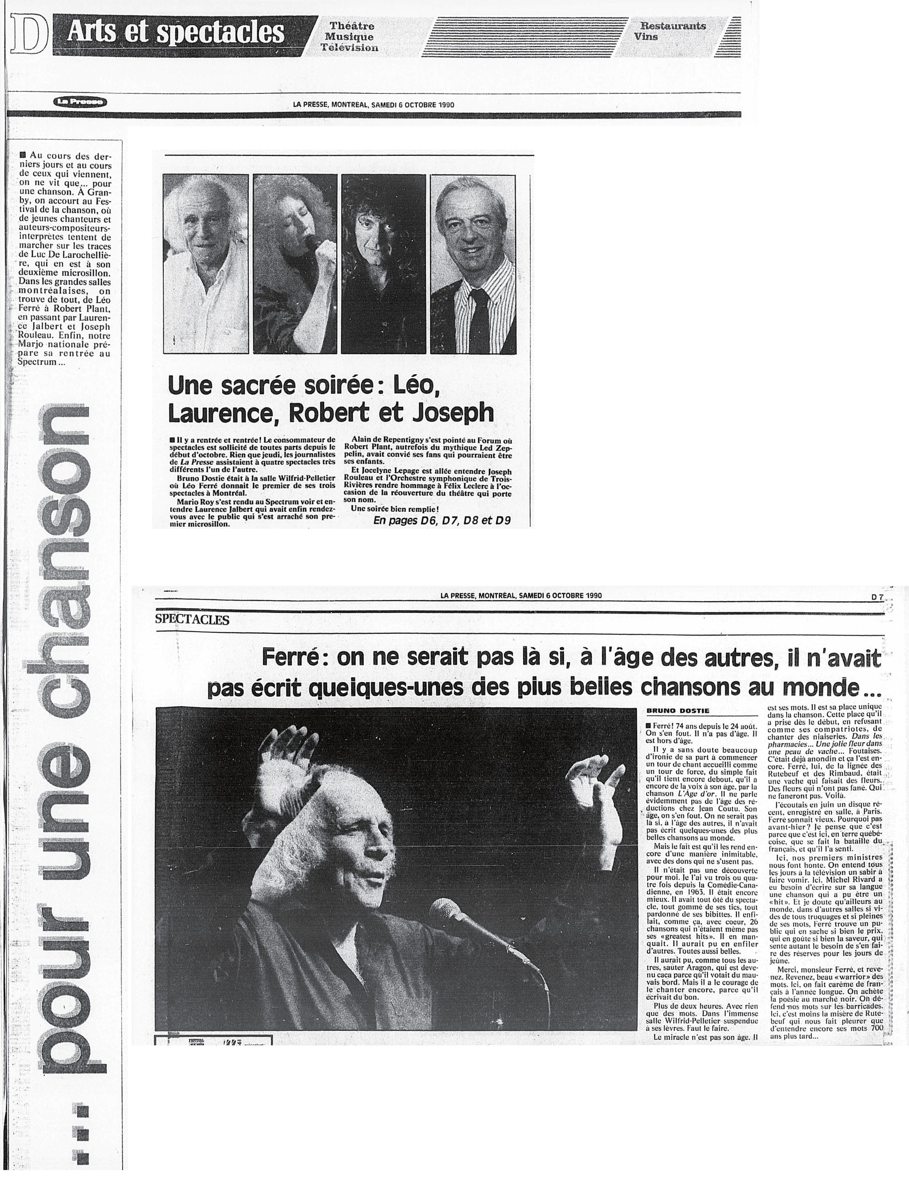 Léo Ferré - La Presse, 6 octobre 1990, D. Arts et spectacles