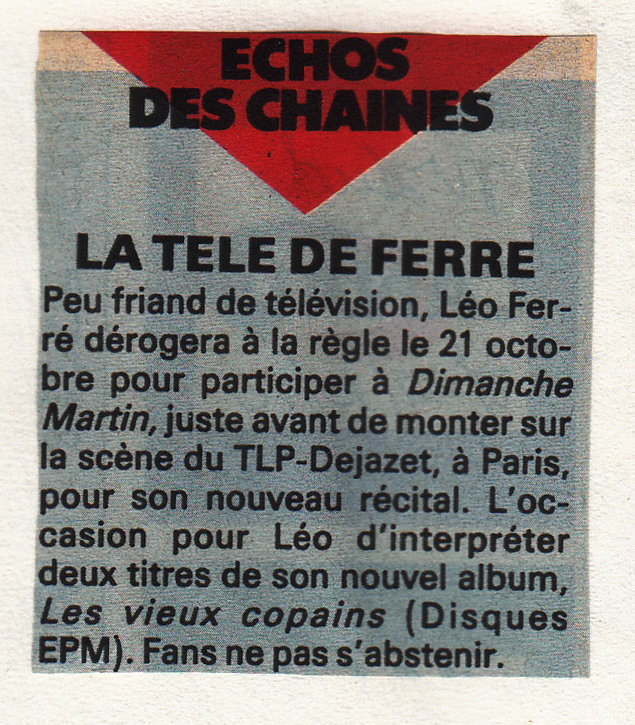 Léo Ferré - TV Sud Magazine du 08 au 12/10/1990