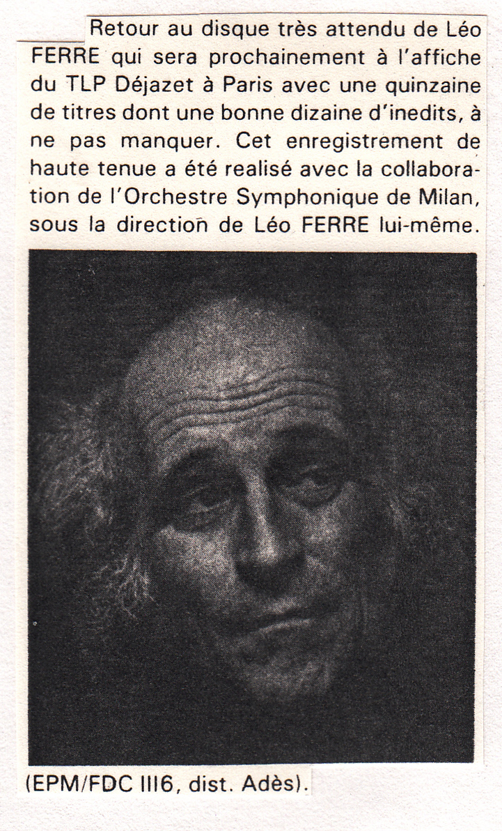 Léo Ferré - Artistes et variétés d'octobre & novembre 1990