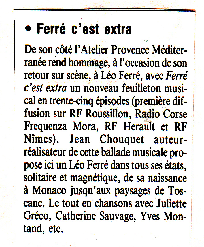 Léo Ferré - La lettre de Radio France, de janvier-février 1991