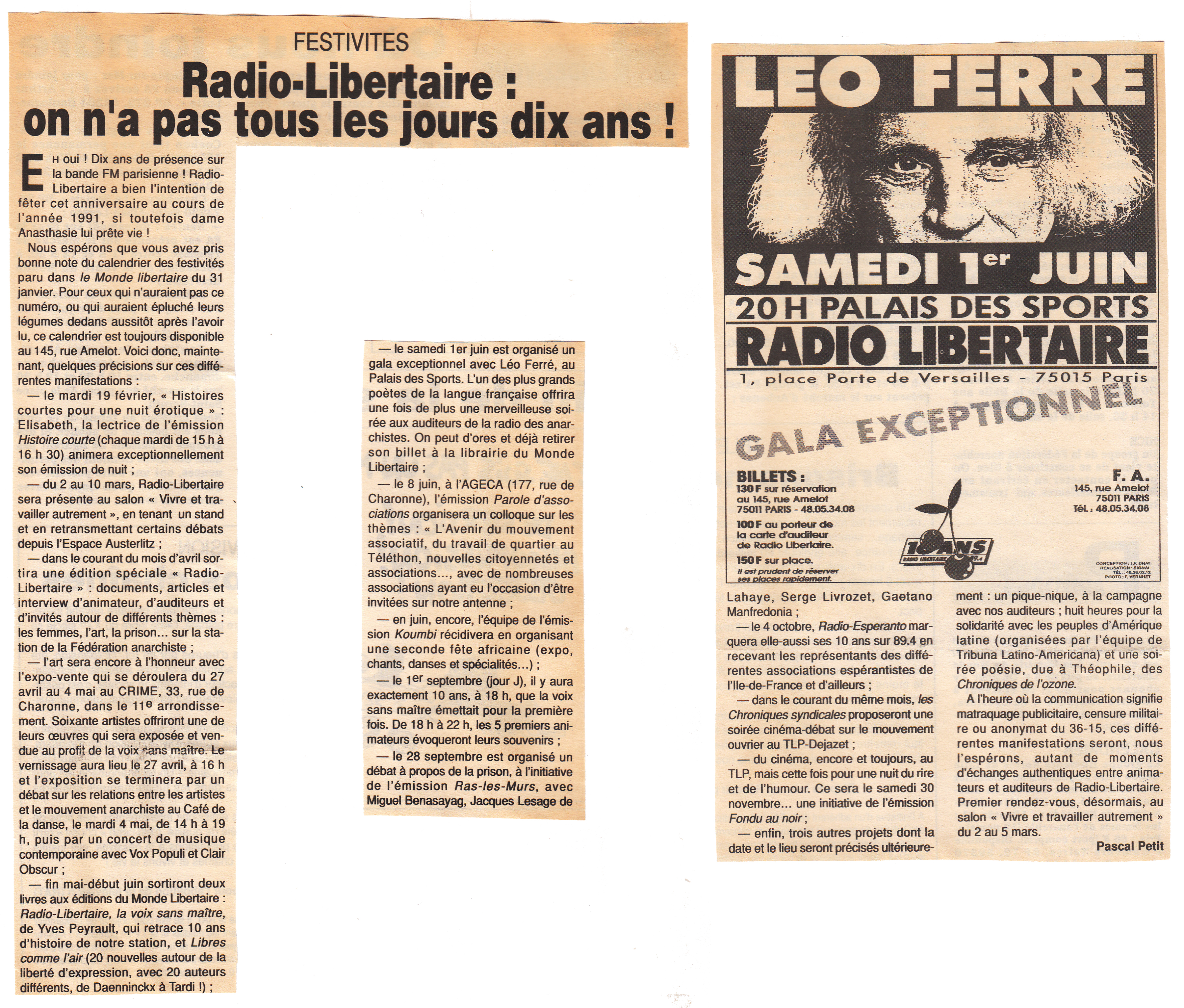 Léo Ferré - Le Monde libertaire, du 14 au 20/02/1991