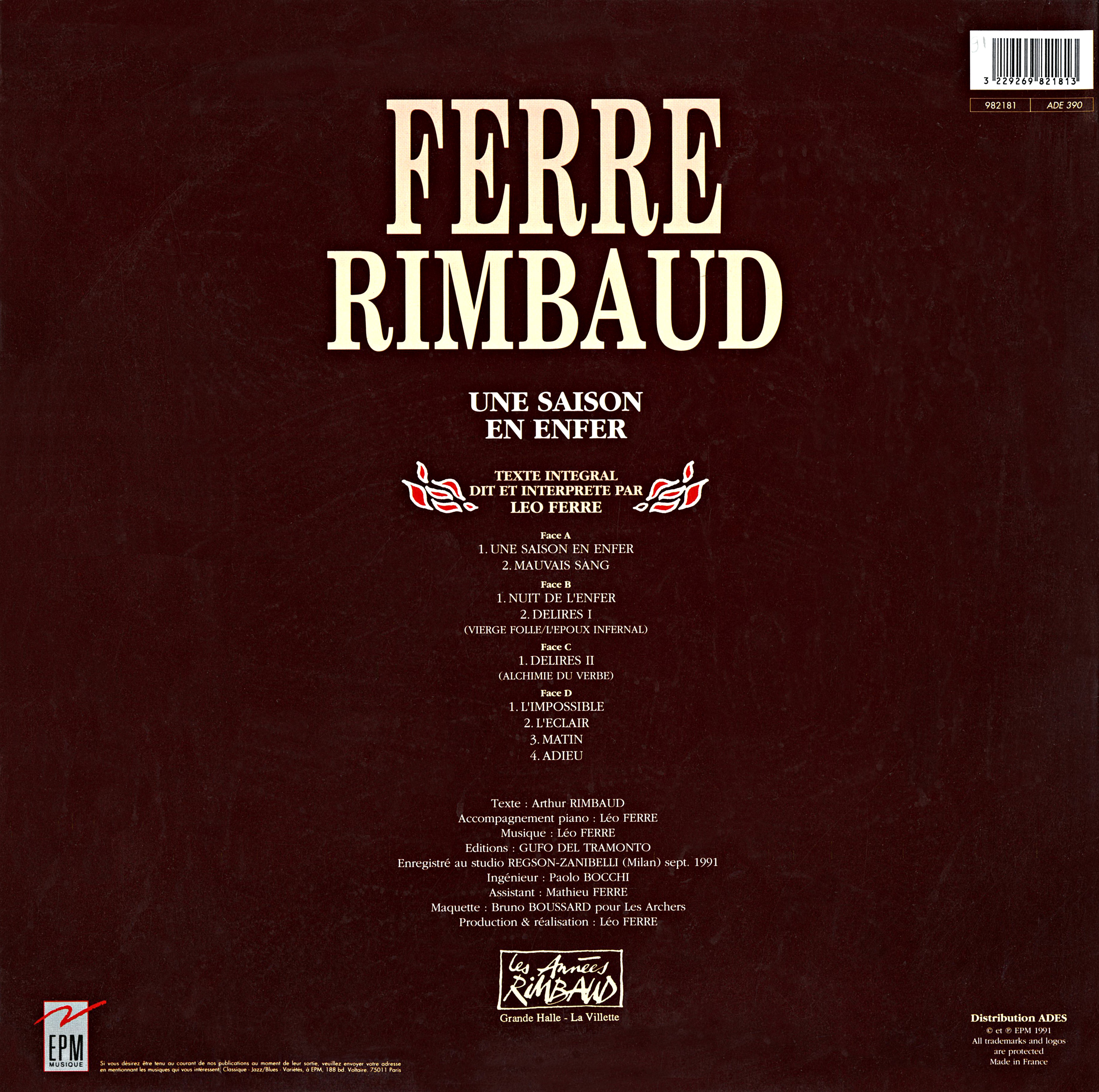 Léo Ferré - Rimbaud - Une saison en enfer, EPM Musique, double 33 tours (FDD 98181) et en CD (FDC 98181)