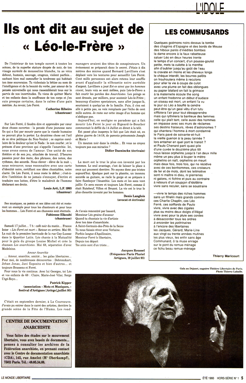 Léo Ferré - Le Monde Libertaire Hors-série N°1 de Juillet 1993