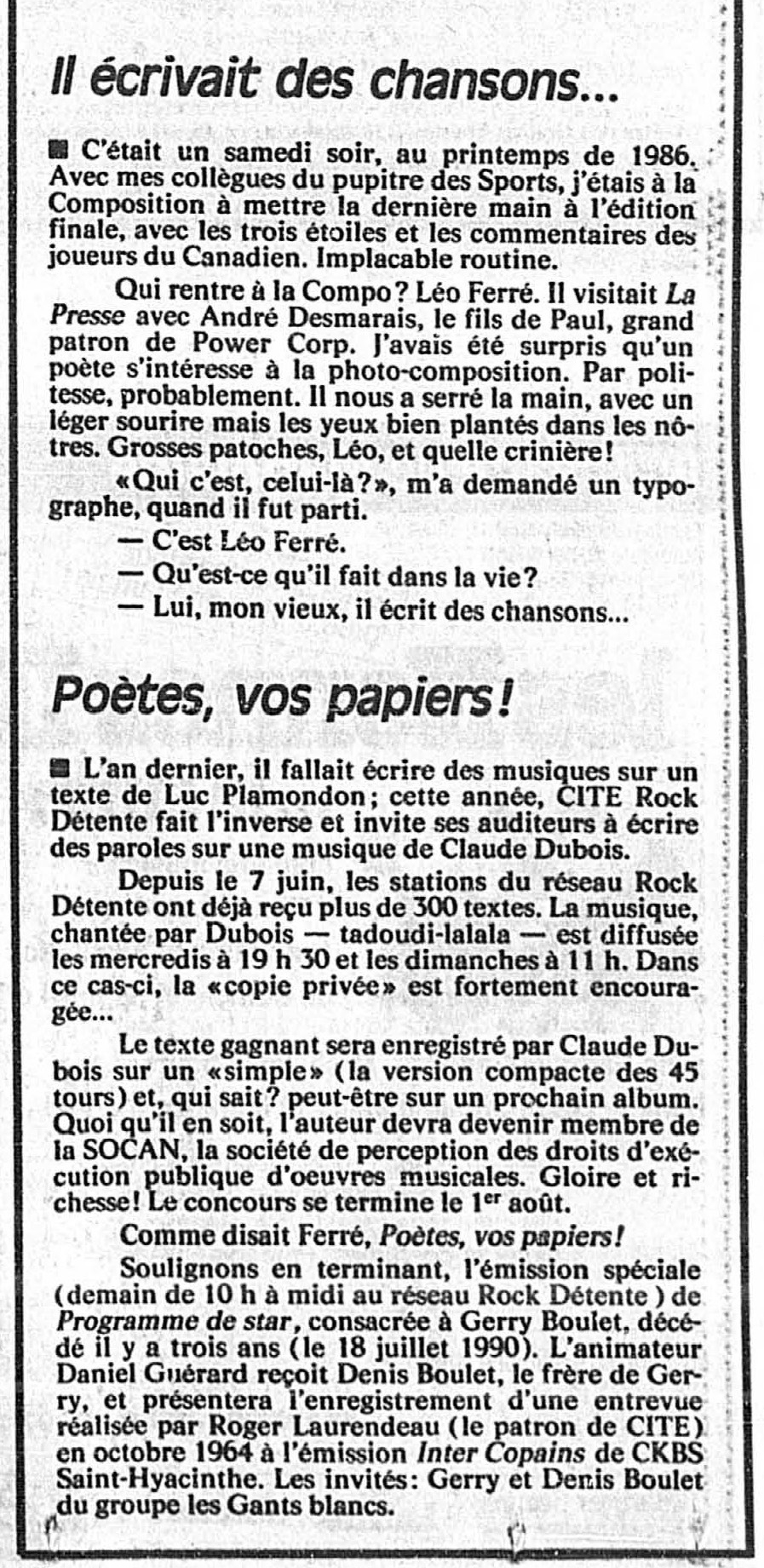 Léo Ferré - La Presse, 17 juillet 1993, D. Arts et cinéma