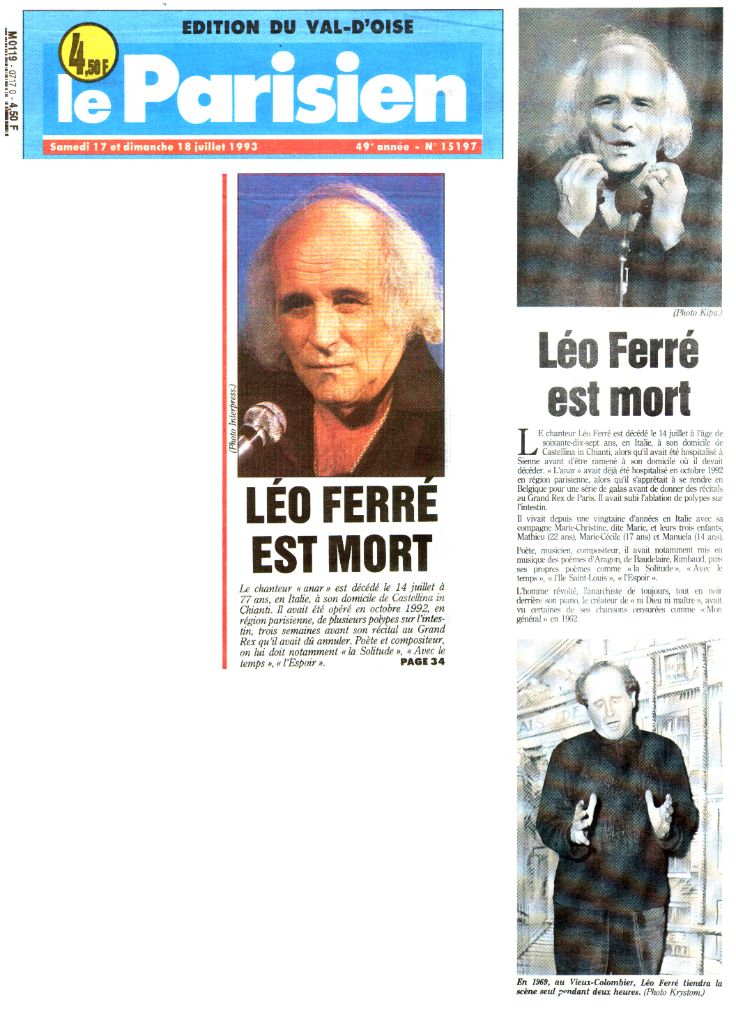 Léo Ferré - Le Parisien N°15197 du 17 et 18/07/1993