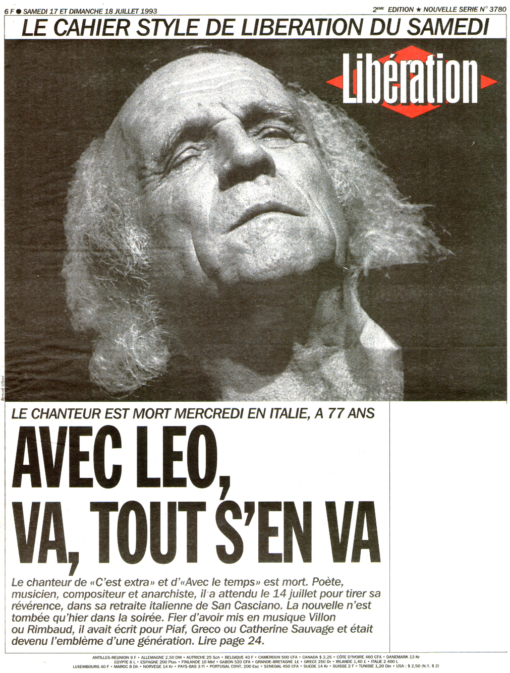 Léo Ferré - Libération N°3780 du 17 et 18/07/1993