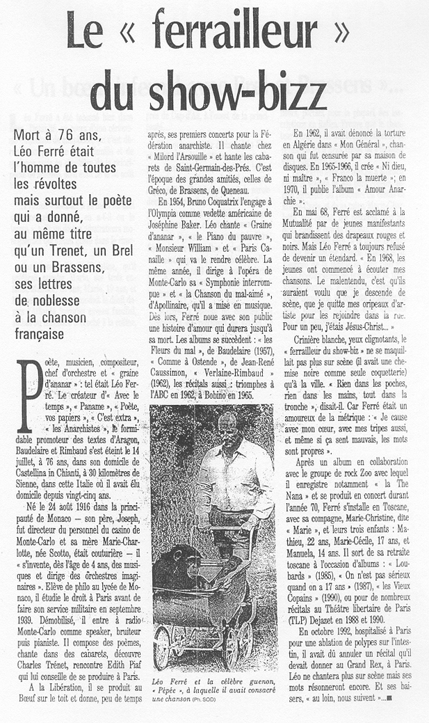 Léo Ferré - Sud Ouest Dimanche du 18/07/1993