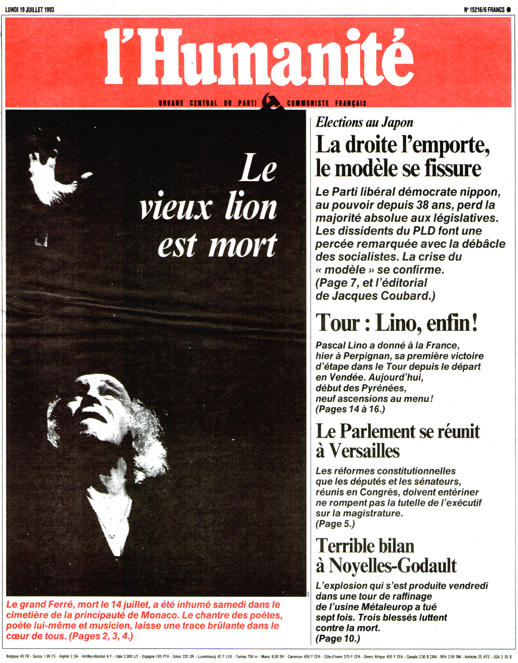 Léo Ferré - L'Humanité N°15216 du 19/07/1993