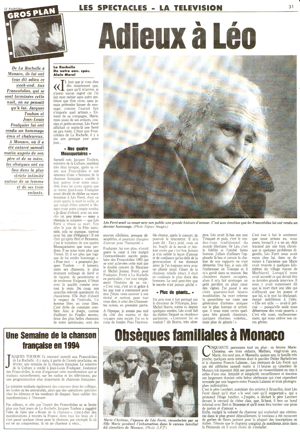 Léo Ferré - Le Parisien N°15198 du 19/07/1993