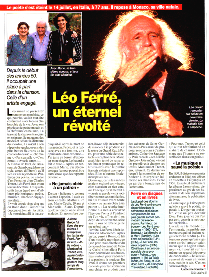 Léo Ferré - Télé Loisirs N°387 du 26/07 au 01/08/1993