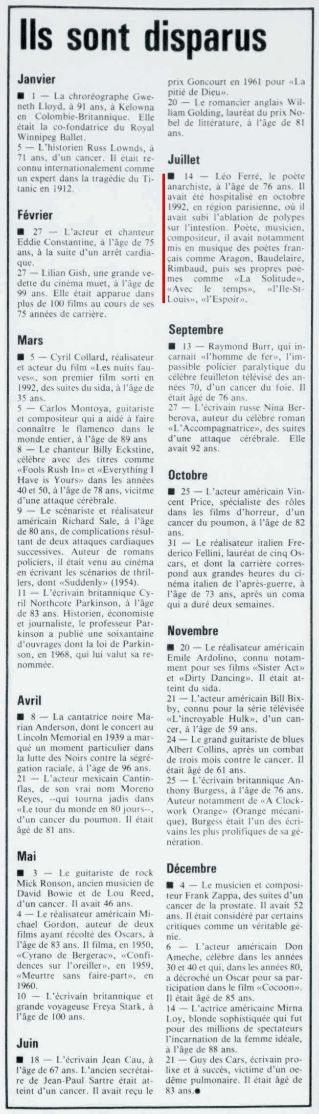 Léo Ferré - Le nouvelliste, 1920-, mercredi 29 décembre 1993