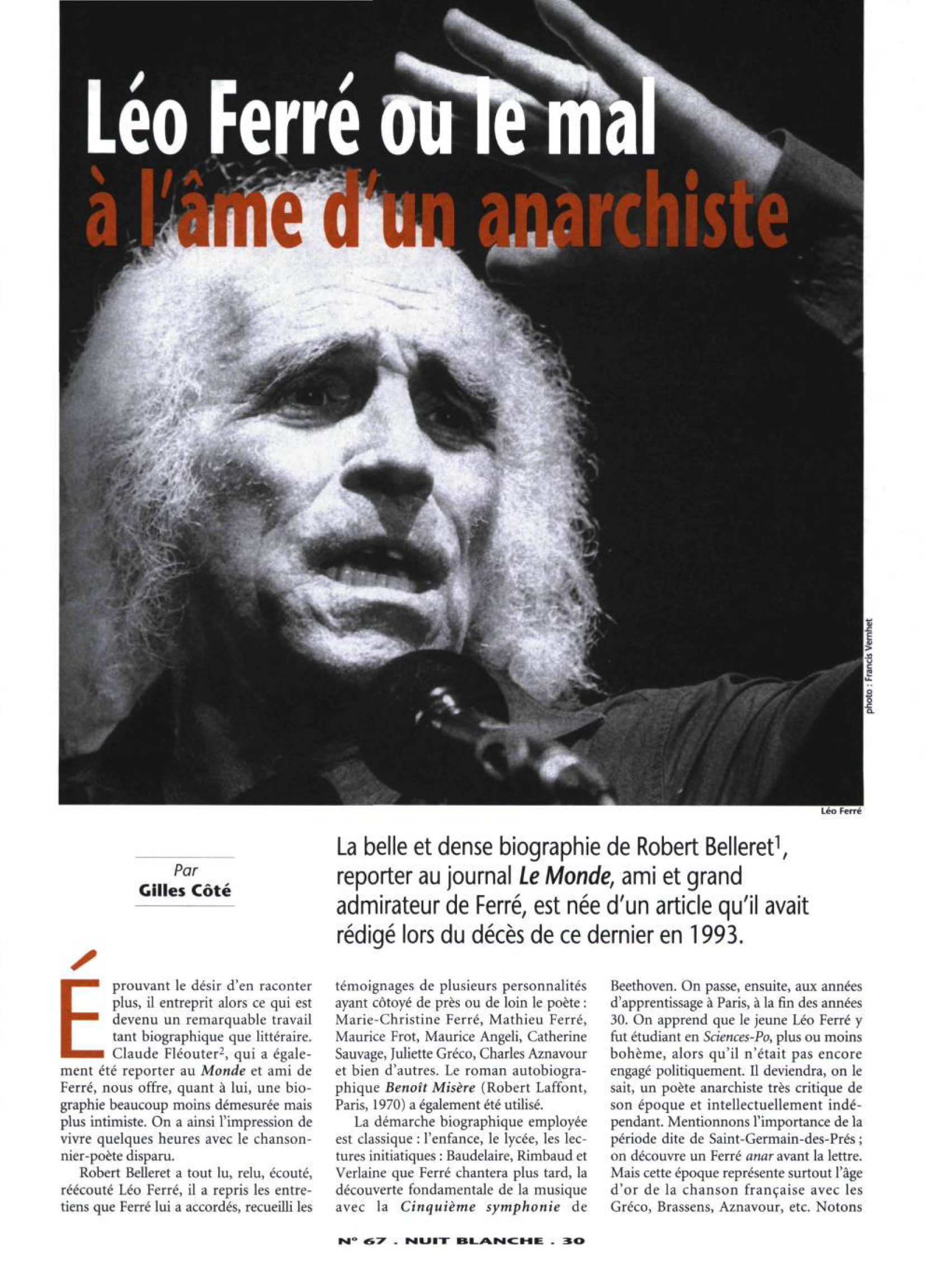 Léo Ferré - Nuit blanche, magazine littéraire, n°67, été 1997